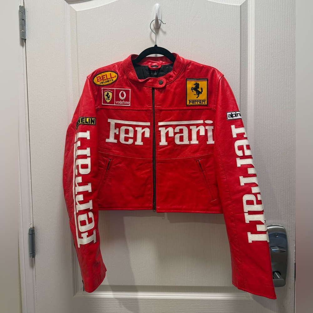 Handmade Vintage Ferrari Racing Vegan Leather Crop Jacket Red Formula1 Size XS/S - Picture 3 of 6